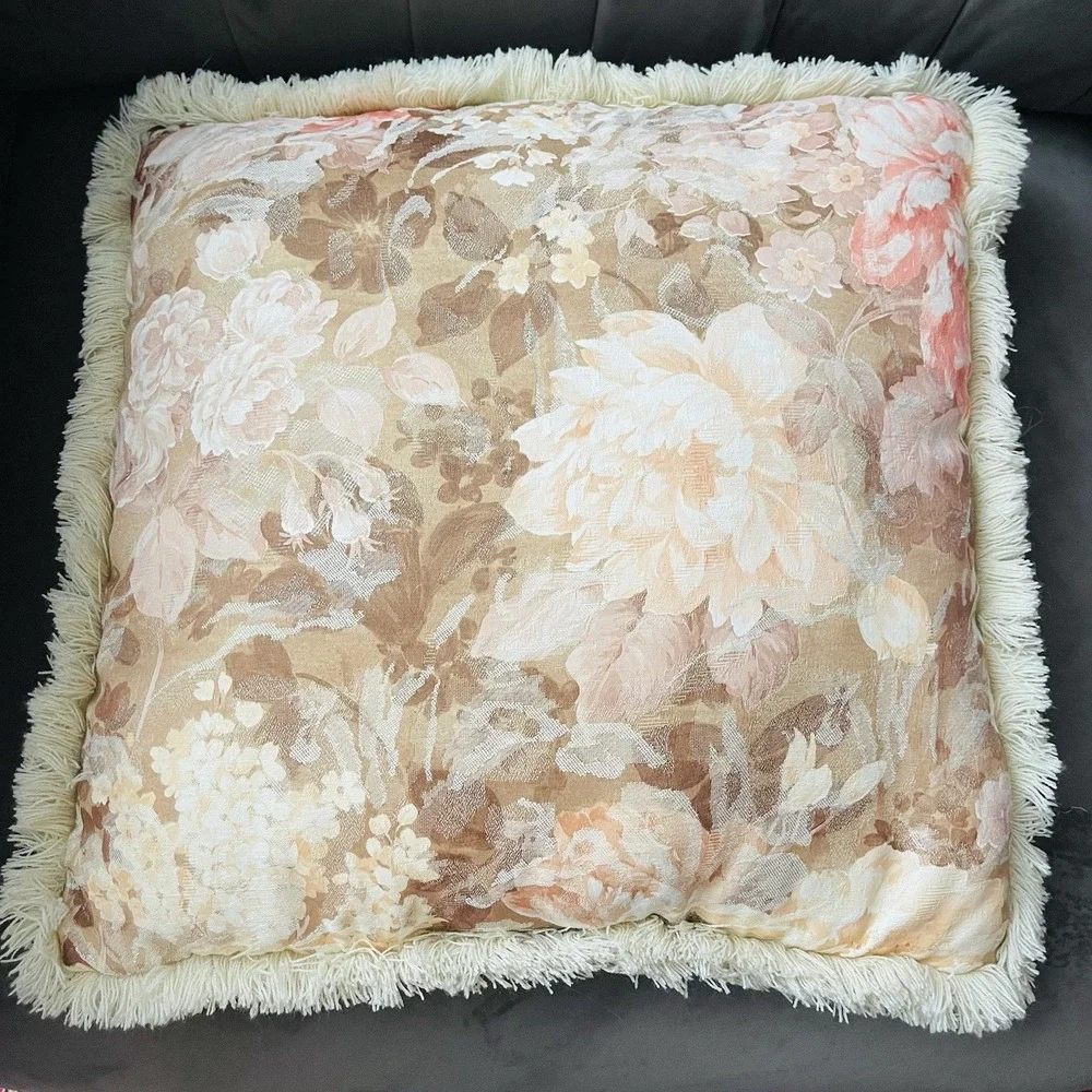 Vintage Peony Floral Jacquard Tapestry Fringe Pillows Beige Multi Cottage Granny